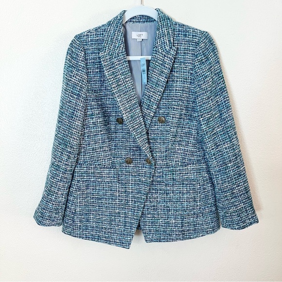 NWT Loft Tweed Double Breasted Blazer Sz 4 Petites Blue - Picture 3 of 7